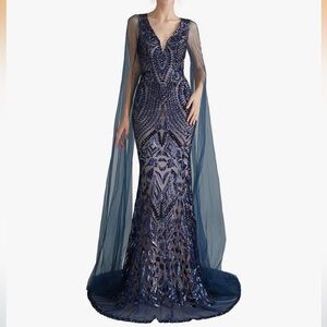 Navy Blue Sequin Mermaid Long Sheer Sleeve Gown